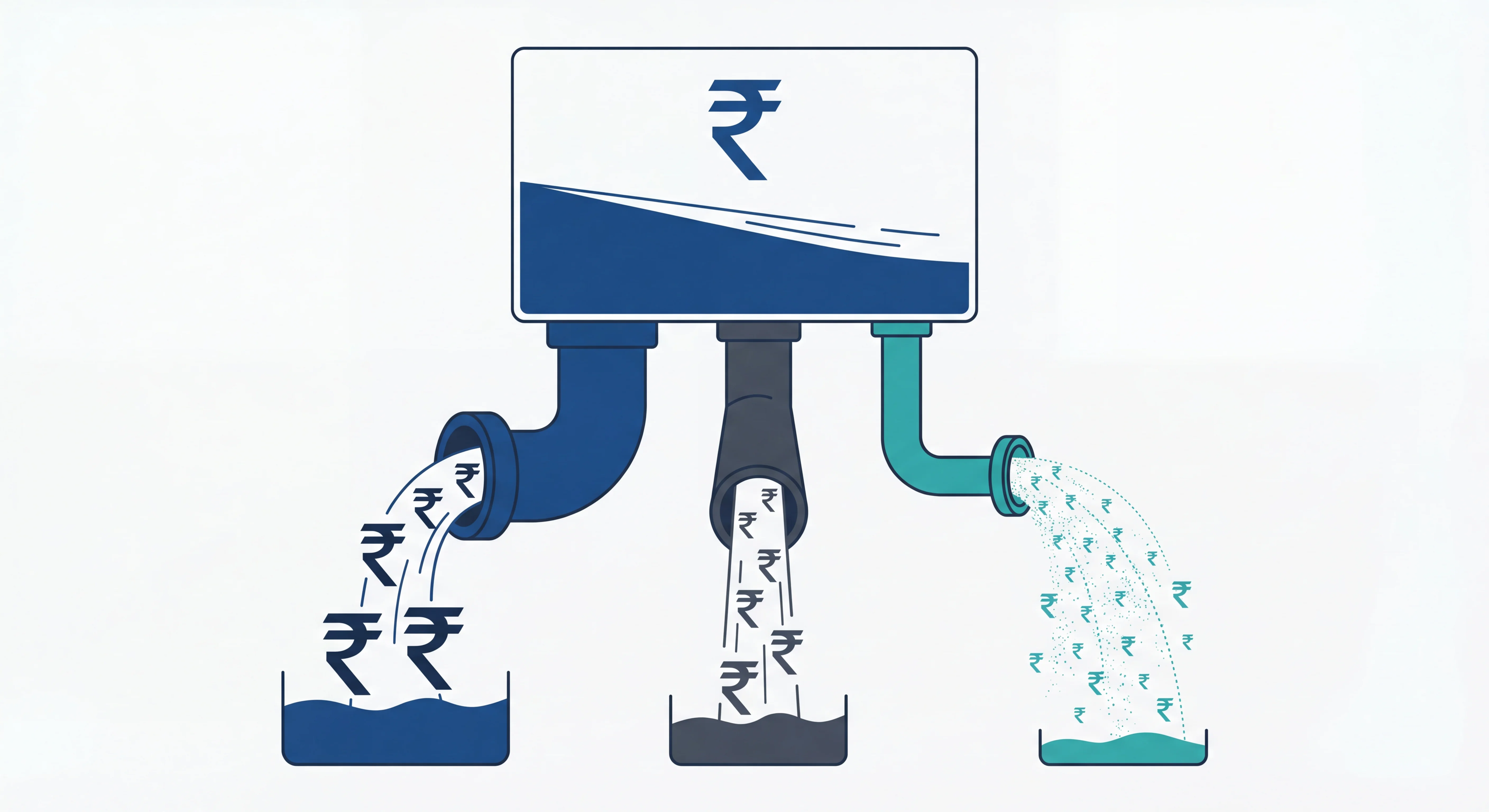 Infographic showing three channels where salary money flows: instant departures, predictable expenses, and discretionary spending